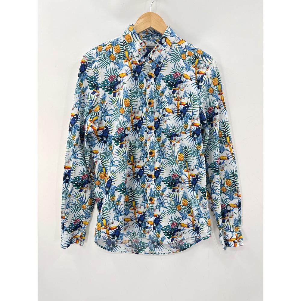Paisley & Gray Mens Shirt M 16 Slim Fit Toucan Pineapple Tropical Print Cotton